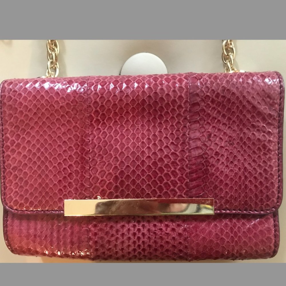 Badgley Mischka Shoulder Bag, Justine Snake in Garnet; bright gold chain